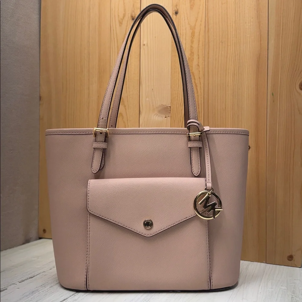 Michael Kors Jet Set Medium Saffiano Leather Pocket Tote Bag Soft Pink - Picture 3 of 16